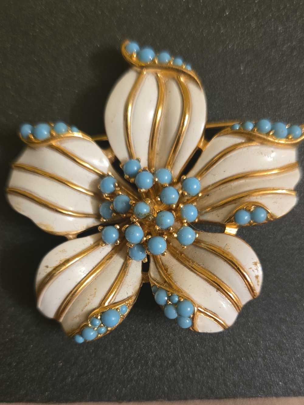 Gold-Trim White Enamel Floral Brooch with Blue Accent Beads